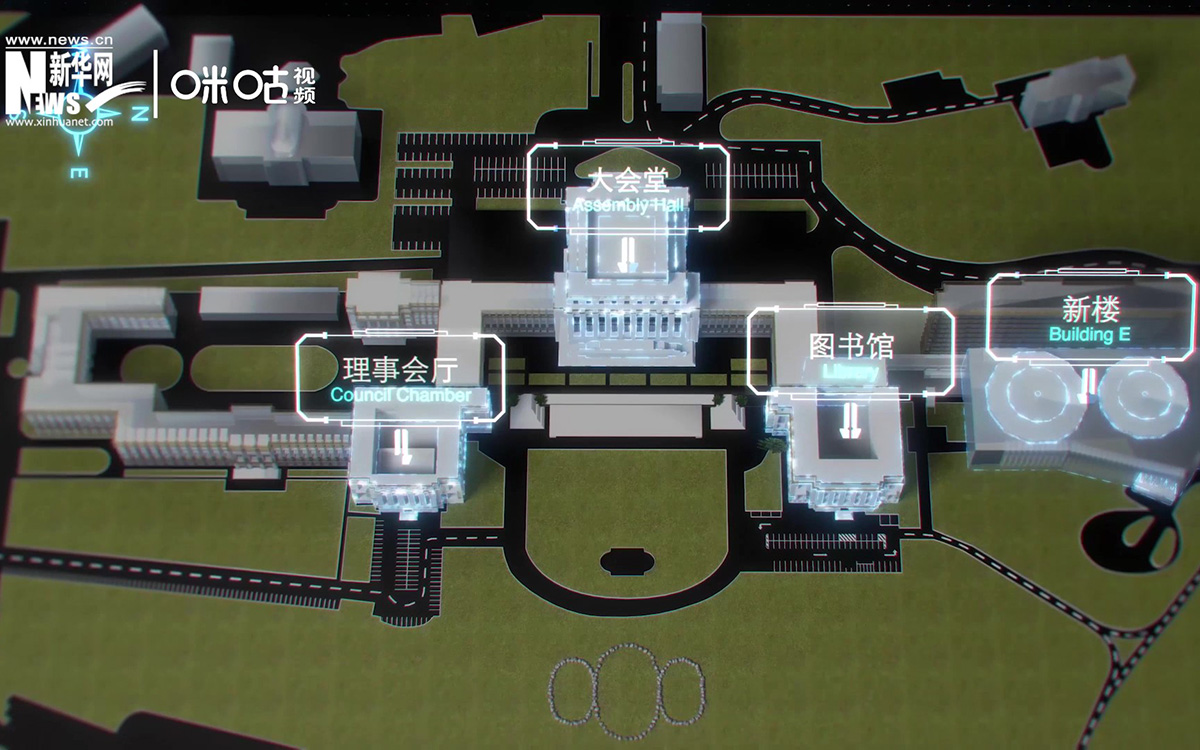 萬(wàn)國(guó)宮整個(gè)建筑群呈“品”字形，擁有34間會(huì)議廳